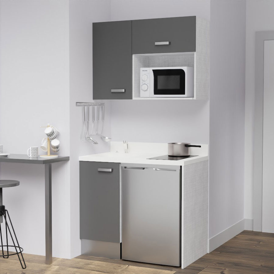 K00L : Kitchenette 100 cm Gris, plan de travail monobloc évier à gauche Snova