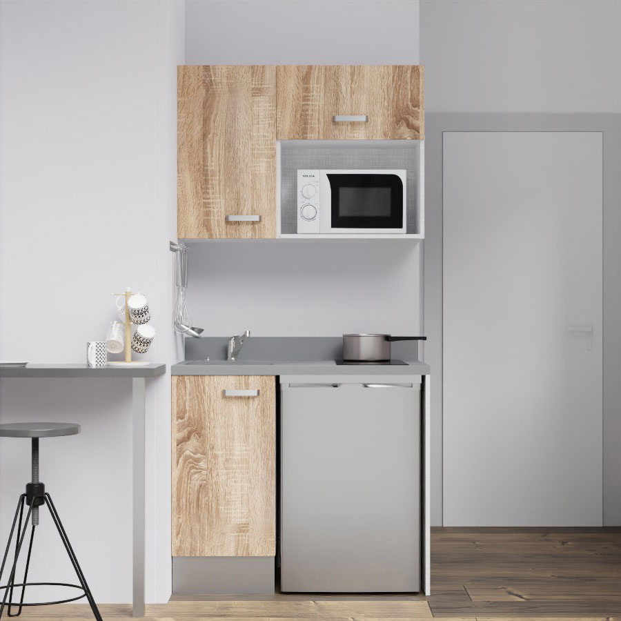 K00L : Kitchenette 100 cm Chêne, plan de travail monobloc évier à gauche Cromo