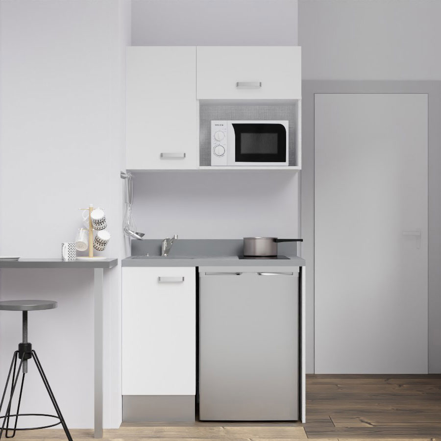 K00L : Kitchenette 100 cm Blanc, plan de travail monobloc évier à gauche Cromo