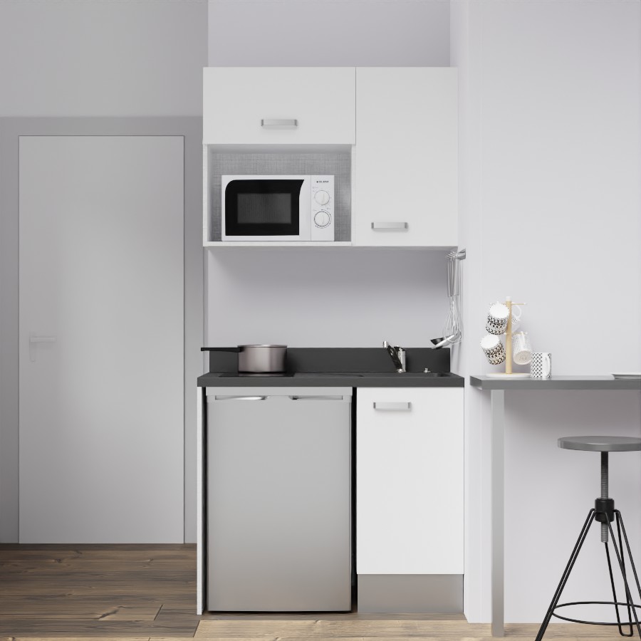 K00L : Kitchenette 100 cm Blanc, plan de travail monobloc évier à droite Nero