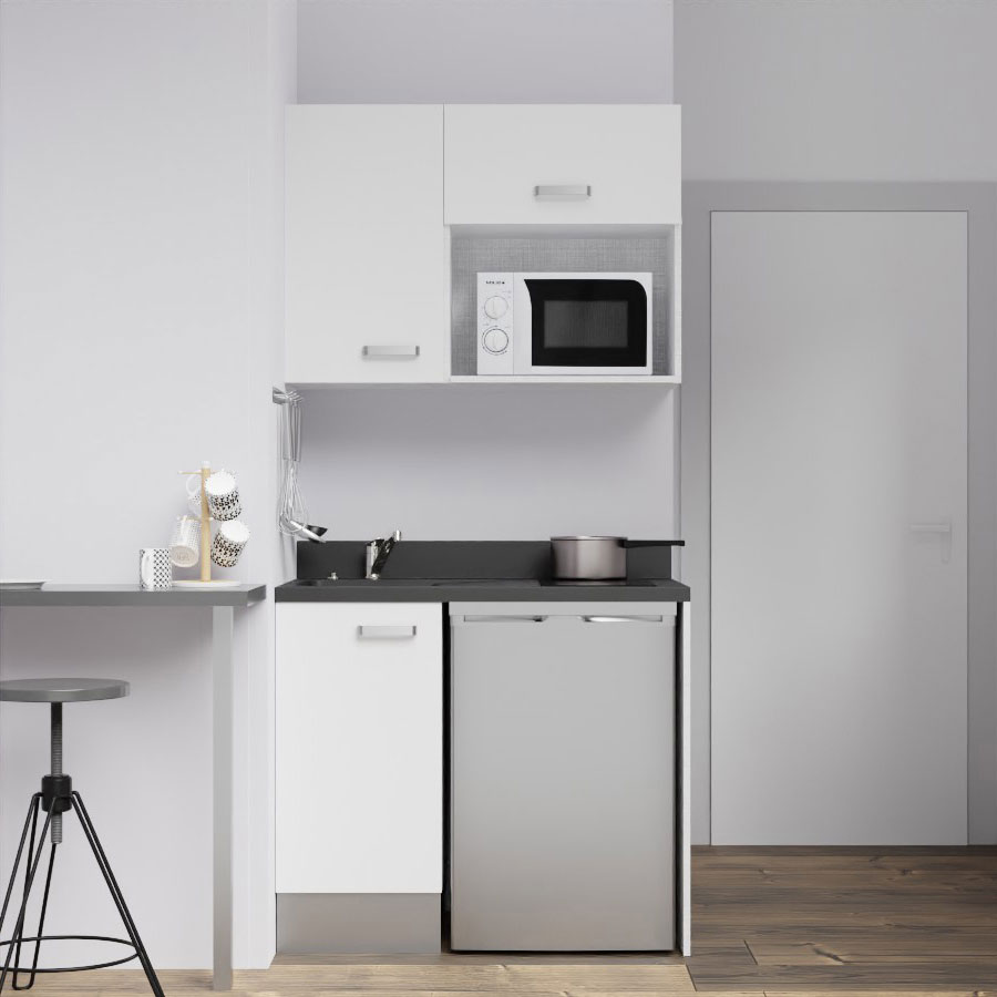 K00L : Kitchenette 100 cm Blanc, plan de travail monobloc évier à gauche Nero