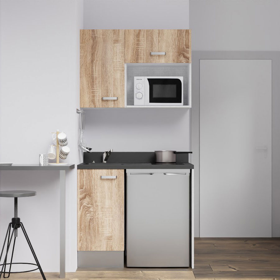 K00L : Kitchenette 100 cm Chêne, plan de travail monobloc évier à gauche Nero