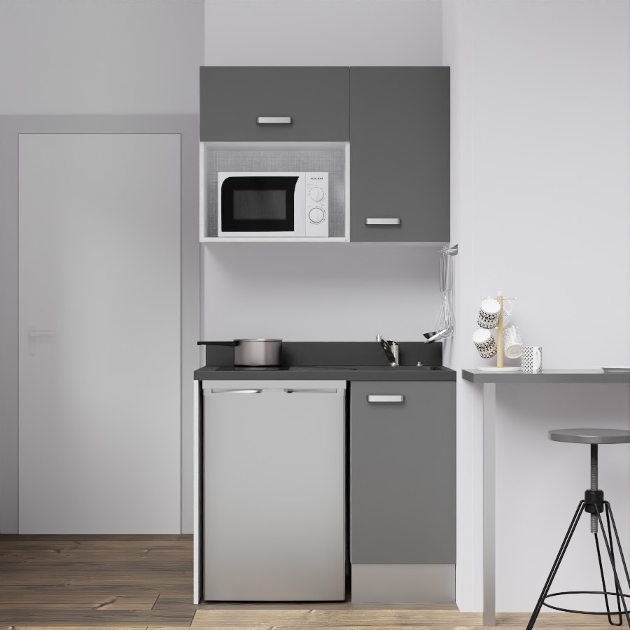 K00L : Kitchenette 100 cm Gris, plan de travail monobloc évier à droite Nero