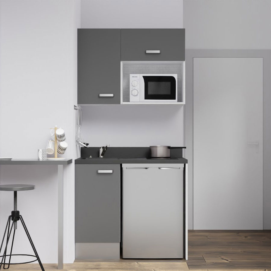 K00L : Kitchenette 100 cm Gris, plan de travail monobloc évier à gauche Nero