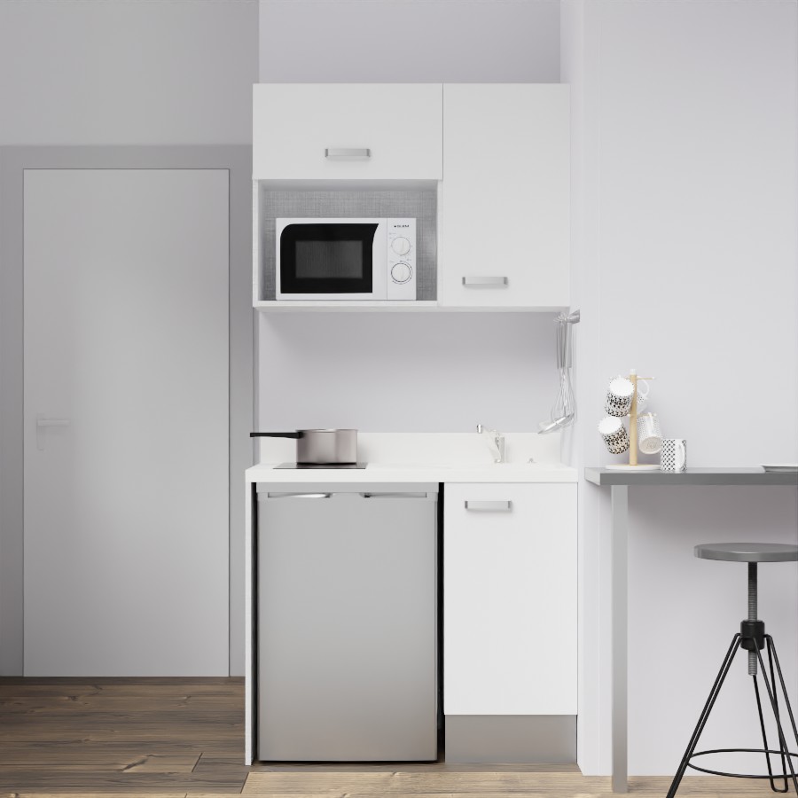 K00L : Kitchenette 100 cm Blanc, plan de travail monobloc évier à droite Snova