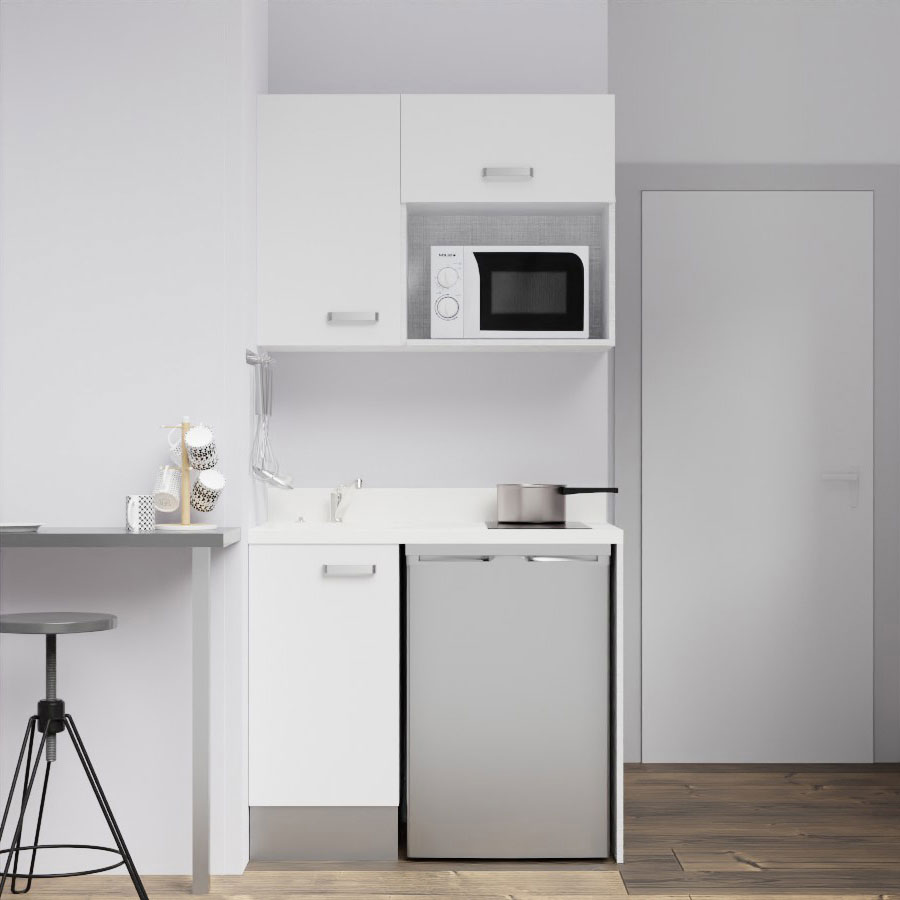 K00L : Kitchenette 100 cm Blanc, plan de travail monobloc évier à gauche Snova