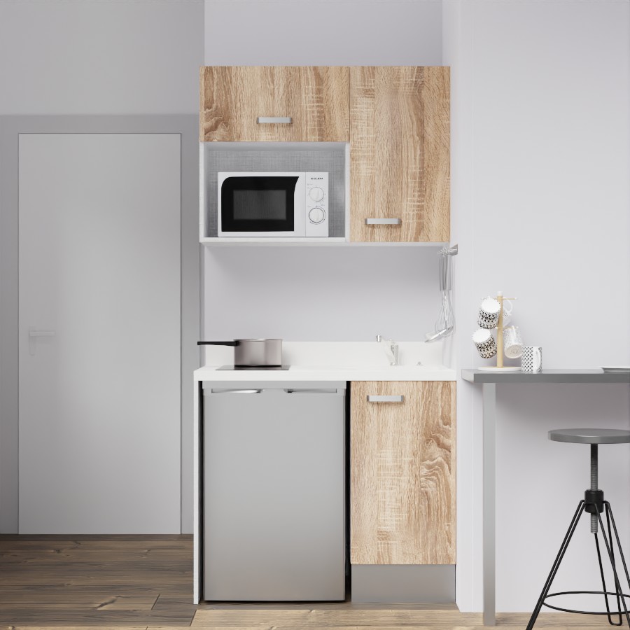 K00L : Kitchenette 100 cm Chêne, plan de travail monobloc évier à droite Snova