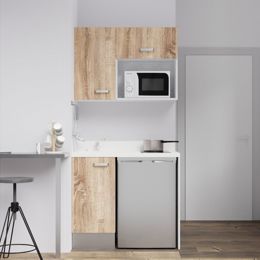 K00L : Kitchenette 100 cm Chêne, plan de travail monobloc évier à gauche Snova