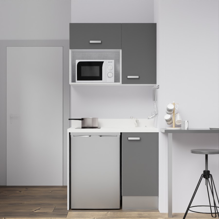 K00L : Kitchenette 100 cm Gris, plan de travail monobloc évier à droite Snova