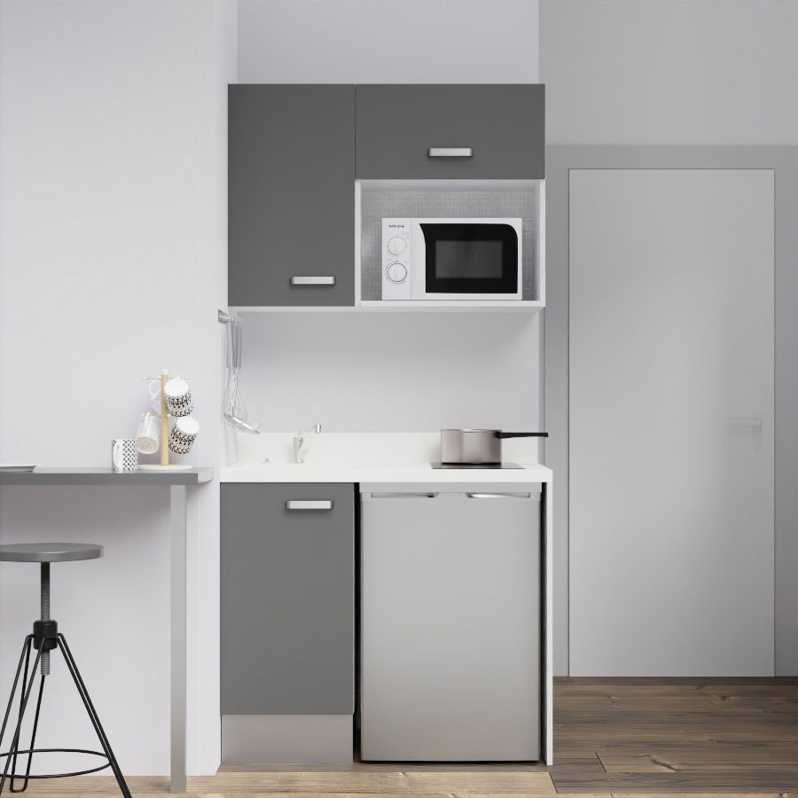 Kitchenette K13L - 140 cm - emplacements frigo, hotte et micro-ondes -  Blanc - Cromo évier à gauche