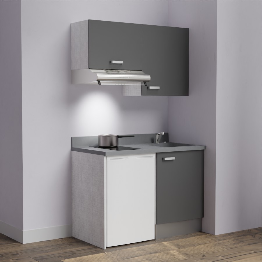 K01L : Kitchenette 120 cm Gris, plan de travail monobloc évier à droite Cromo