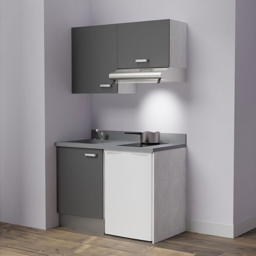 K01L : Kitchenette 120 cm Gris, plan de travail monobloc évier à gauche Cromo