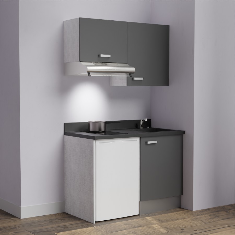 K01L : Kitchenette 120 cm Gris, plan de travail monobloc évier à droite Nero