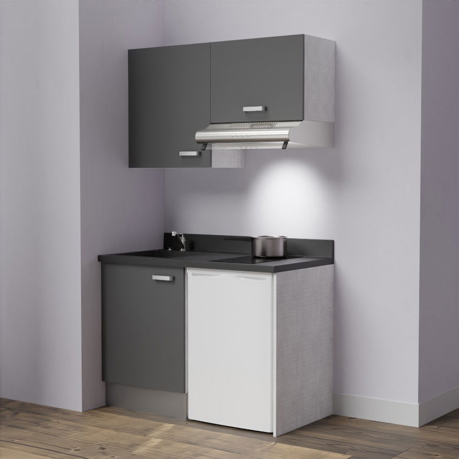 K01L : Kitchenette 120 cm Gris, plan de travail monobloc évier à gauche Nero