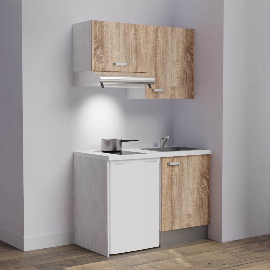 K01L-PT : Kitchenette 120 cm Chêne, plan de travail blanc, cuve grise