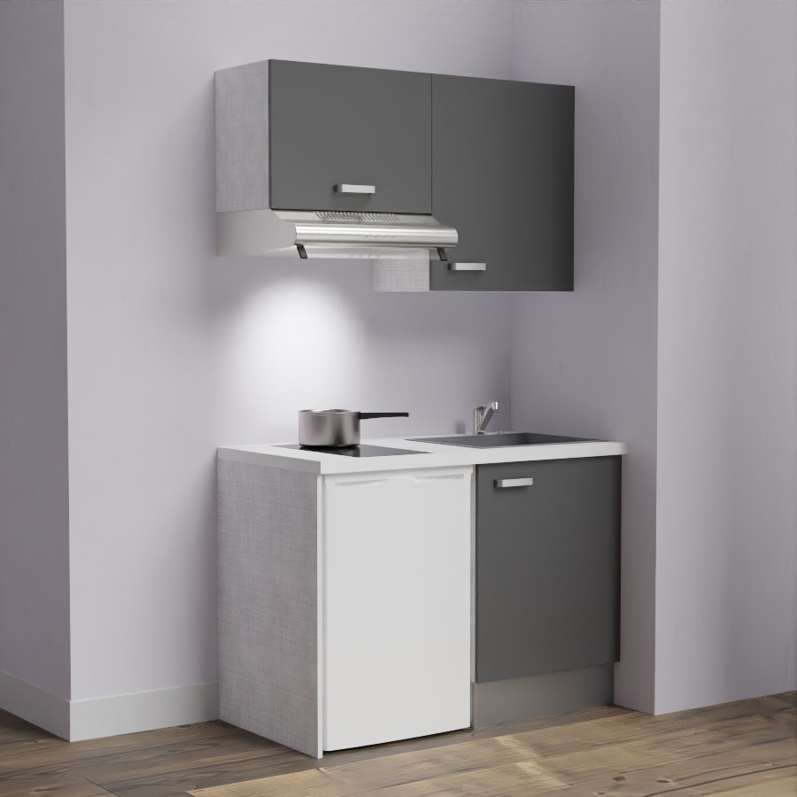 K01L-PT : Kitchenette 120 cm Gris, plan de travail blanc, cuve grise