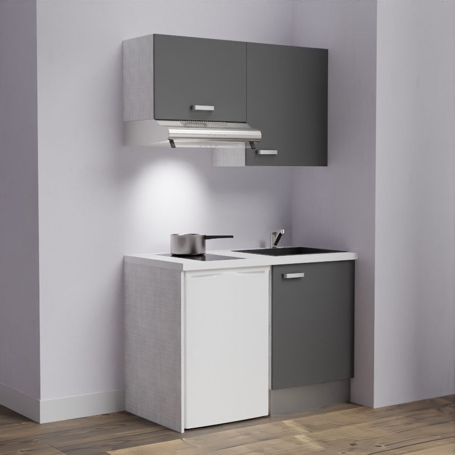 K01L-PT : Kitchenette 120 cm Gris, plan de travail blanc, cuve noire