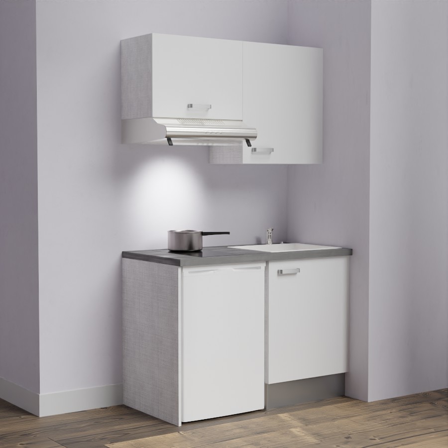 K01L-PT : Kitchenette 120 cm Blanc, plan de travail gris, cuve blanche