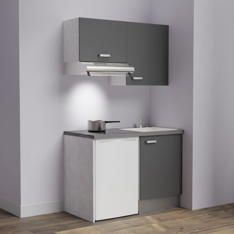 K01L-PT : Kitchenette 120 cm Gris, plan de travail gris, cuve blanche