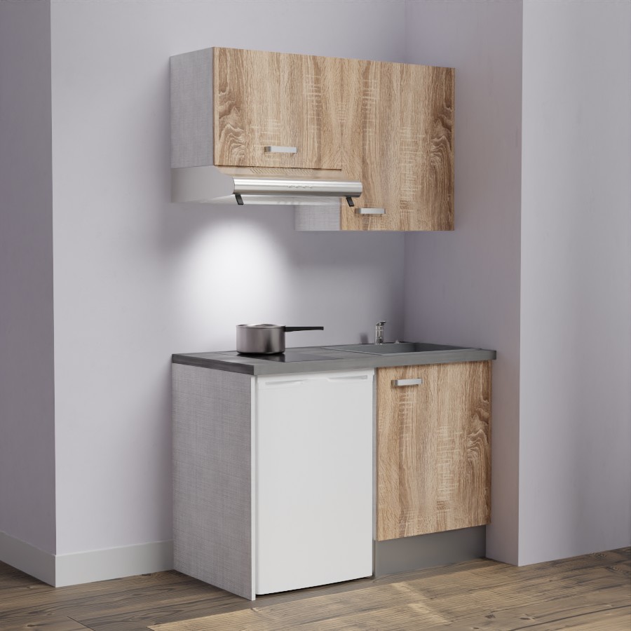 K01L-PT : Kitchenette 120 cm Chêne, plan de travail gris, cuve grise