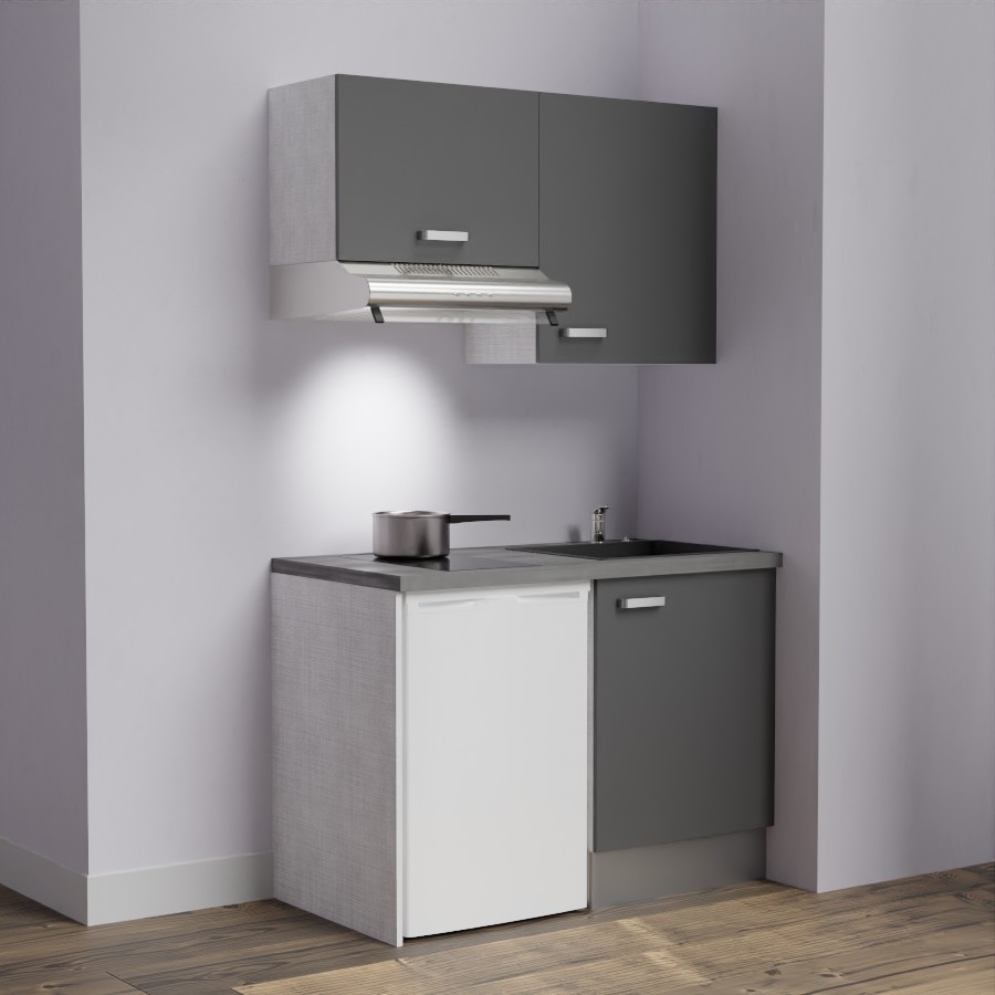 K01L-PT : Kitchenette 120 cm Gris, plan de travail gris, cuve noire