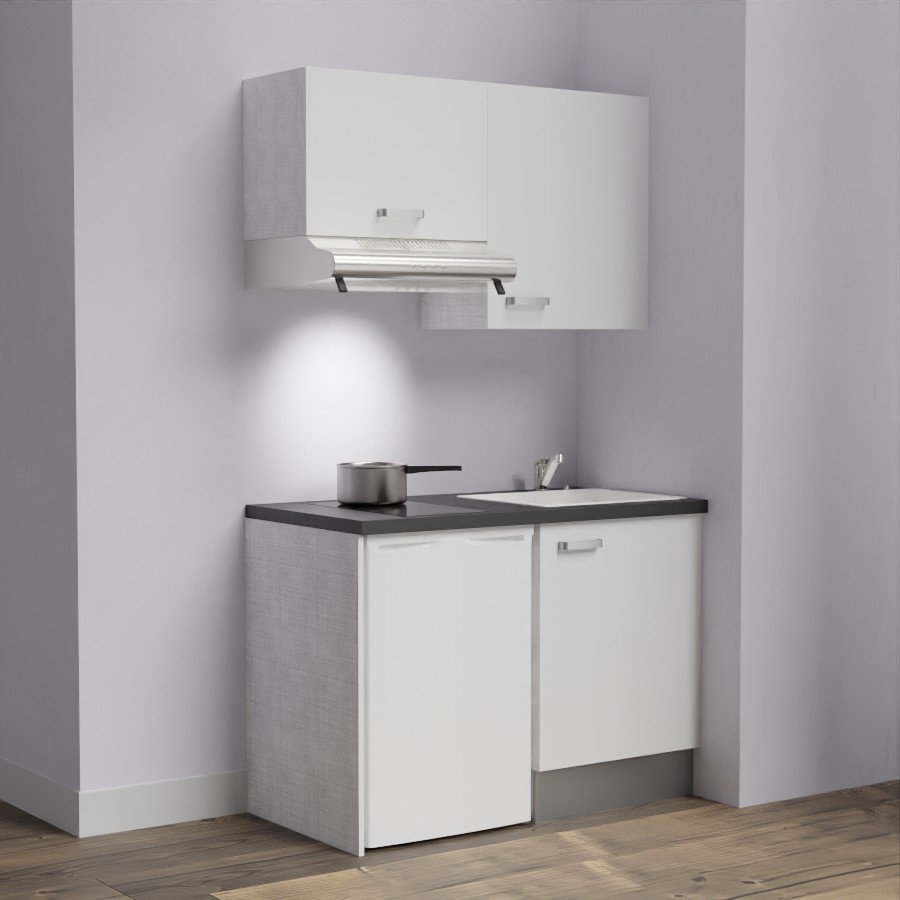 K01L-PT : Kitchenette 120 cm Blanc, plan de travail noir, cuve blanche