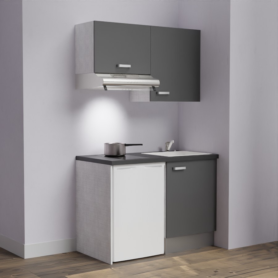 K01L-PT : Kitchenette 120 cm Gris, plan de travail noir, cuve blanche