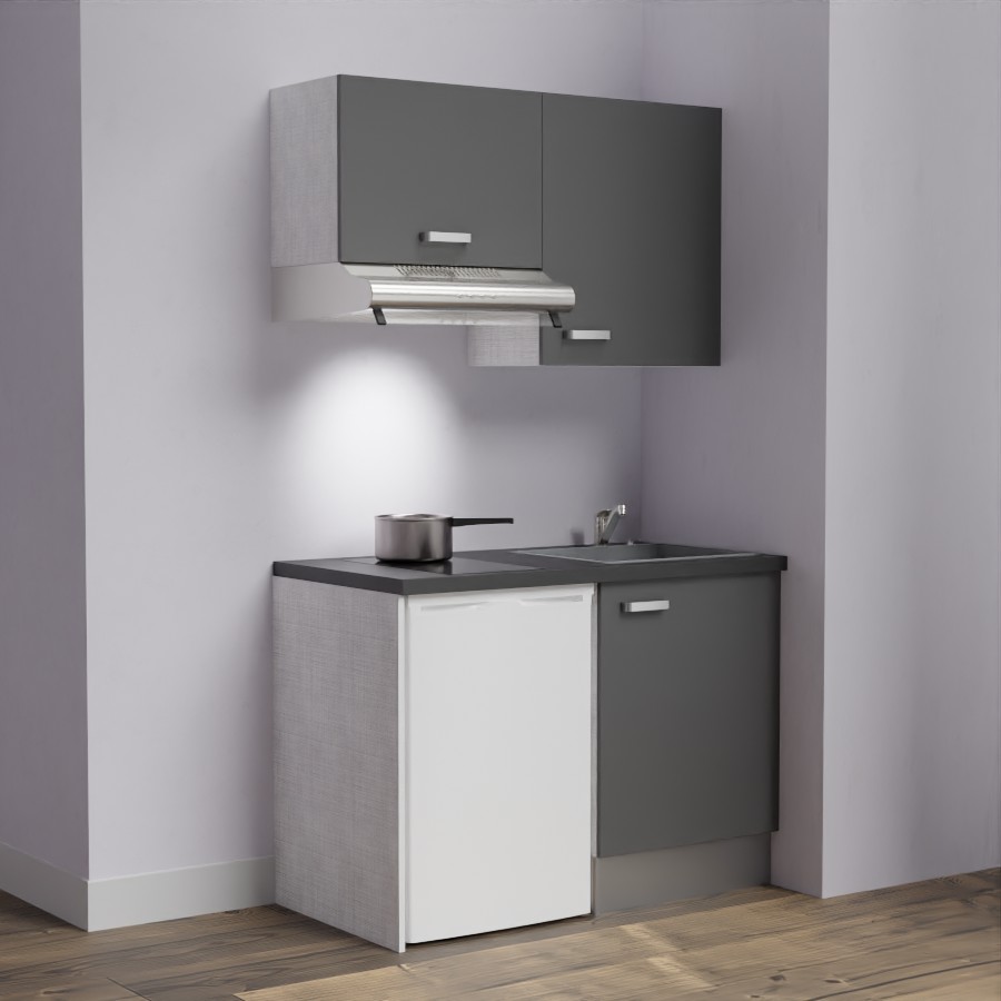 K01L-PT : Kitchenette 120 cm Gris, plan de travail noir, cuve grise