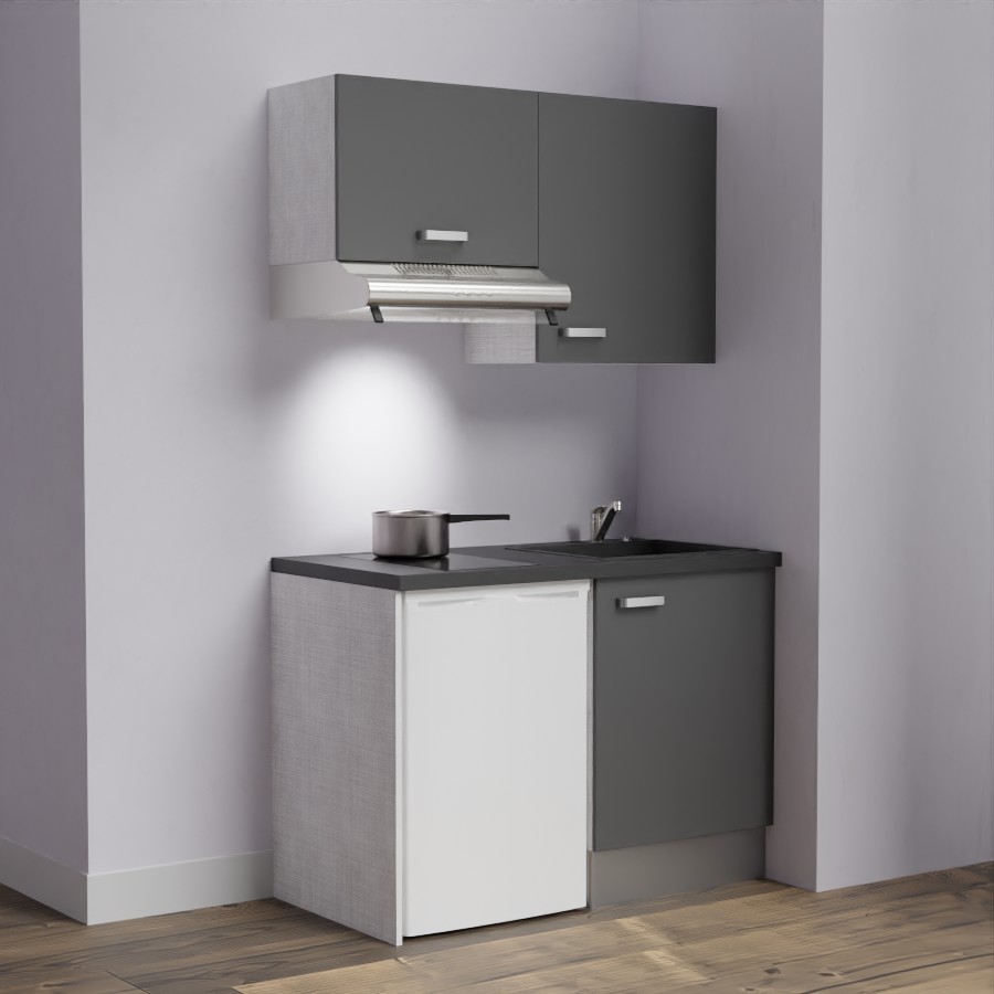 K01L-PT : Kitchenette 120 cm Gris, plan de travail noir, cuve noire