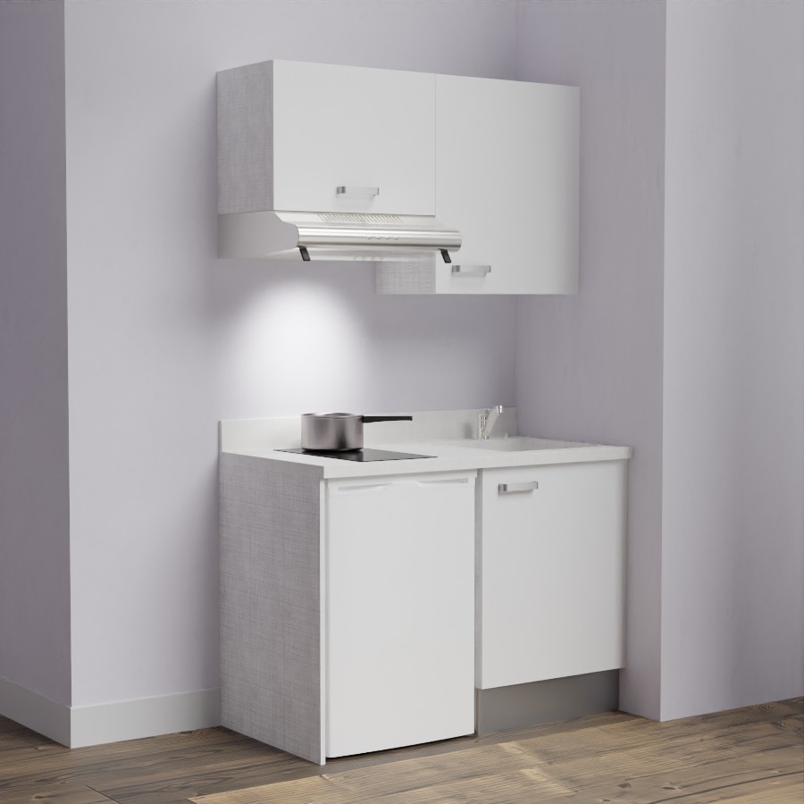 K01L : Kitchenette 120 cm Blanc, plan de travail monobloc évier à droite Snova