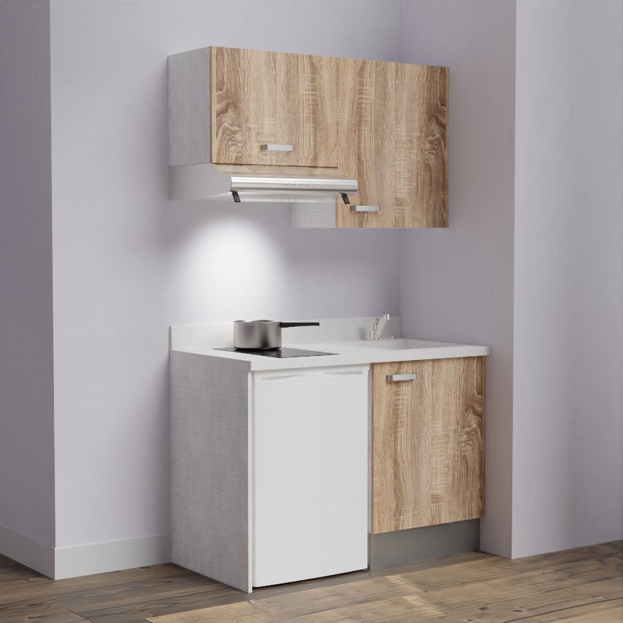 K01L : Kitchenette 120 cm Chêne, plan de travail monobloc évier à droite Snova