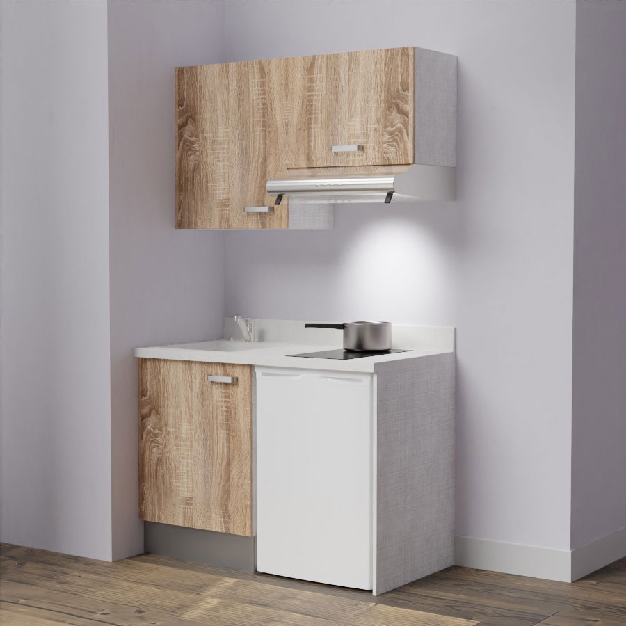 K01L : Kitchenette 120 cm Chêne, plan de travail monobloc évier à gauche Snova