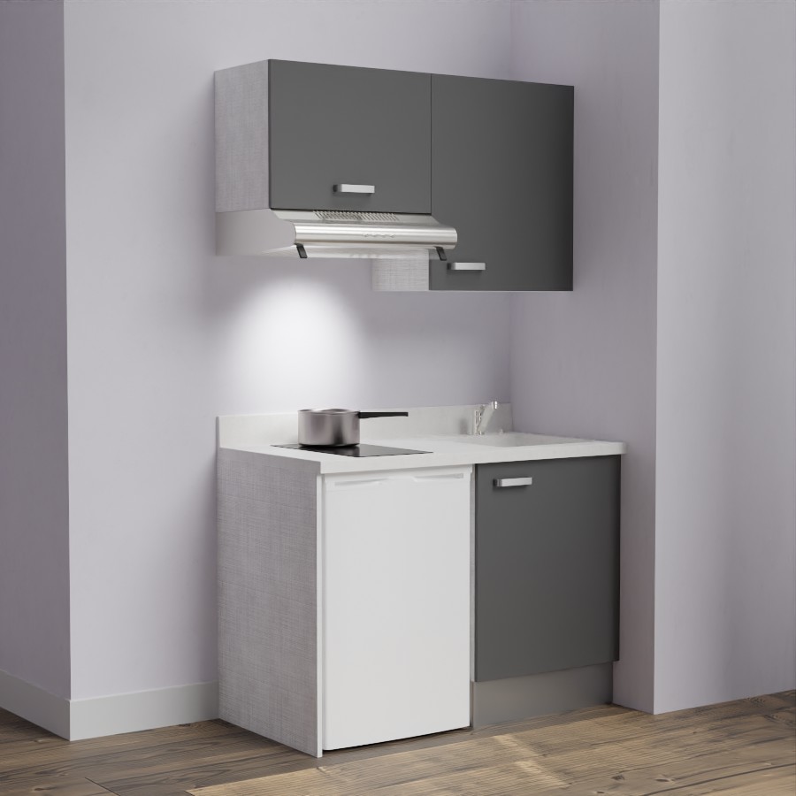 K01L : Kitchenette 120 cm Gris, plan de travail monobloc évier à droite Snova