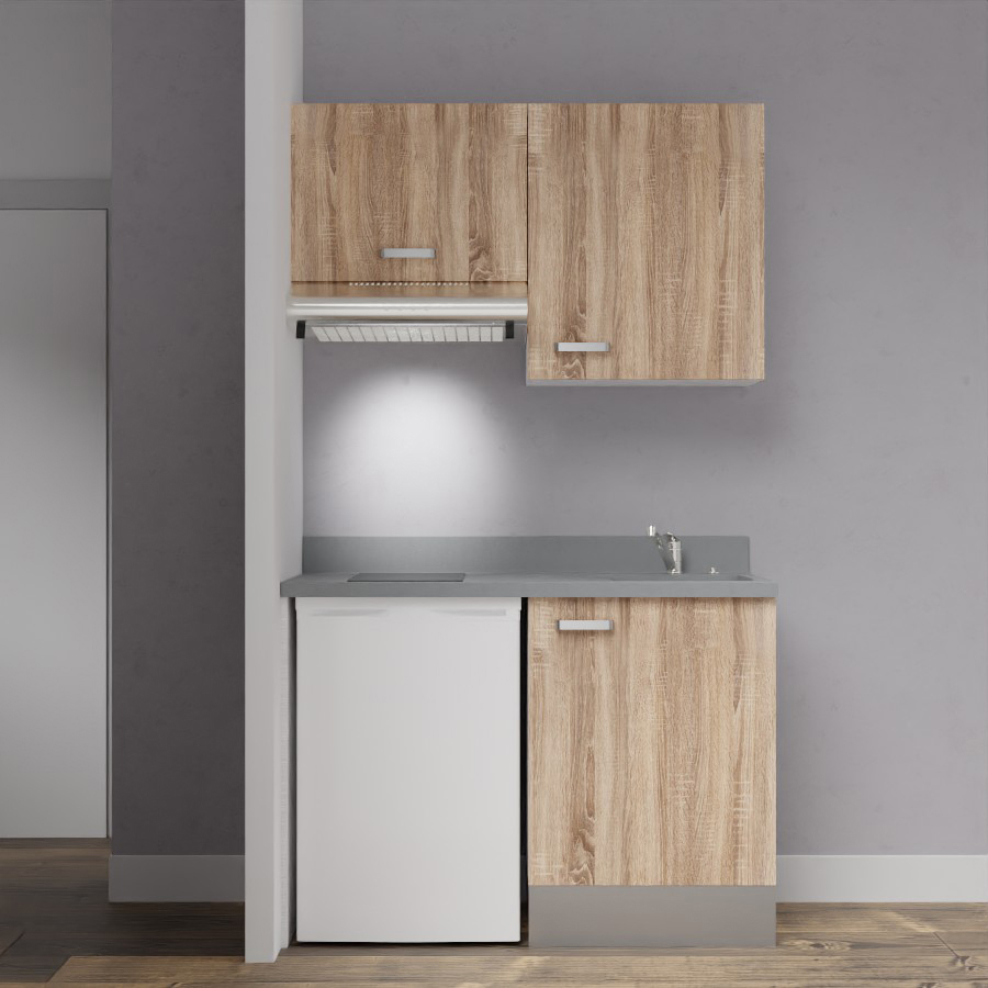 Visuel de la kitchenette modèle K01 120 cm linéaire meuble bas et haut coloris Bardolino aspect bois avec plan de travail monobloc en quartz gris cromo évier à droite