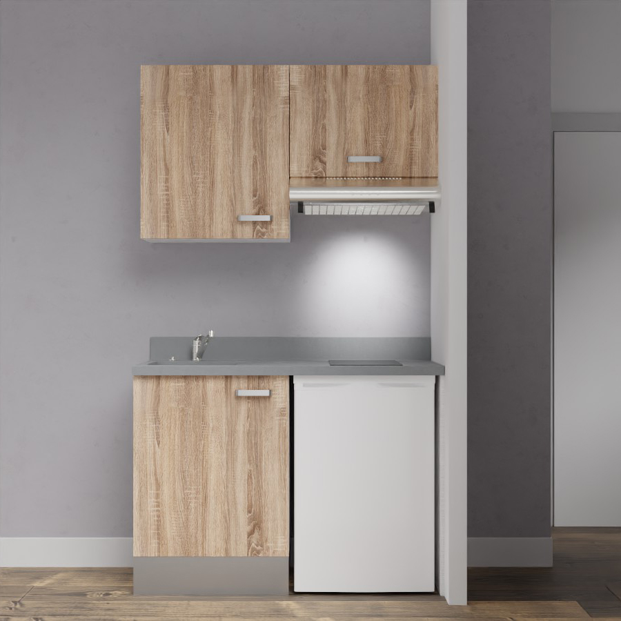 Visuel de la kitchenette modèle K01 120 cm linéaire meuble bas et haut coloris Bardolino aspect bois avec plan de travail monobloc en quartz gris cromo évier à gauche