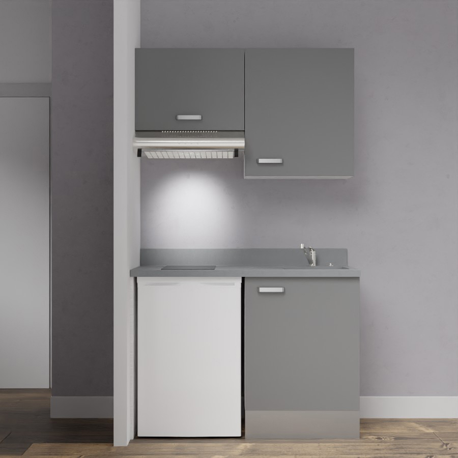 Visuel de la kitchenette modèle K01 120 cm linéaire meuble bas et haut coloris gris macadam avec plan de travail monobloc en quartz gris évier à droite