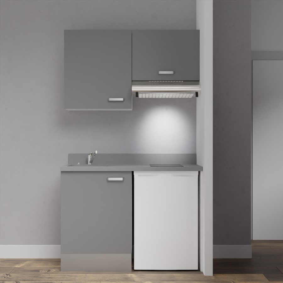 Visuel de la kitchenette modèle K01 120 cm linéaire meuble bas et haut coloris gris macadam avec plan de travail monobloc en quartz gris évier à gauche