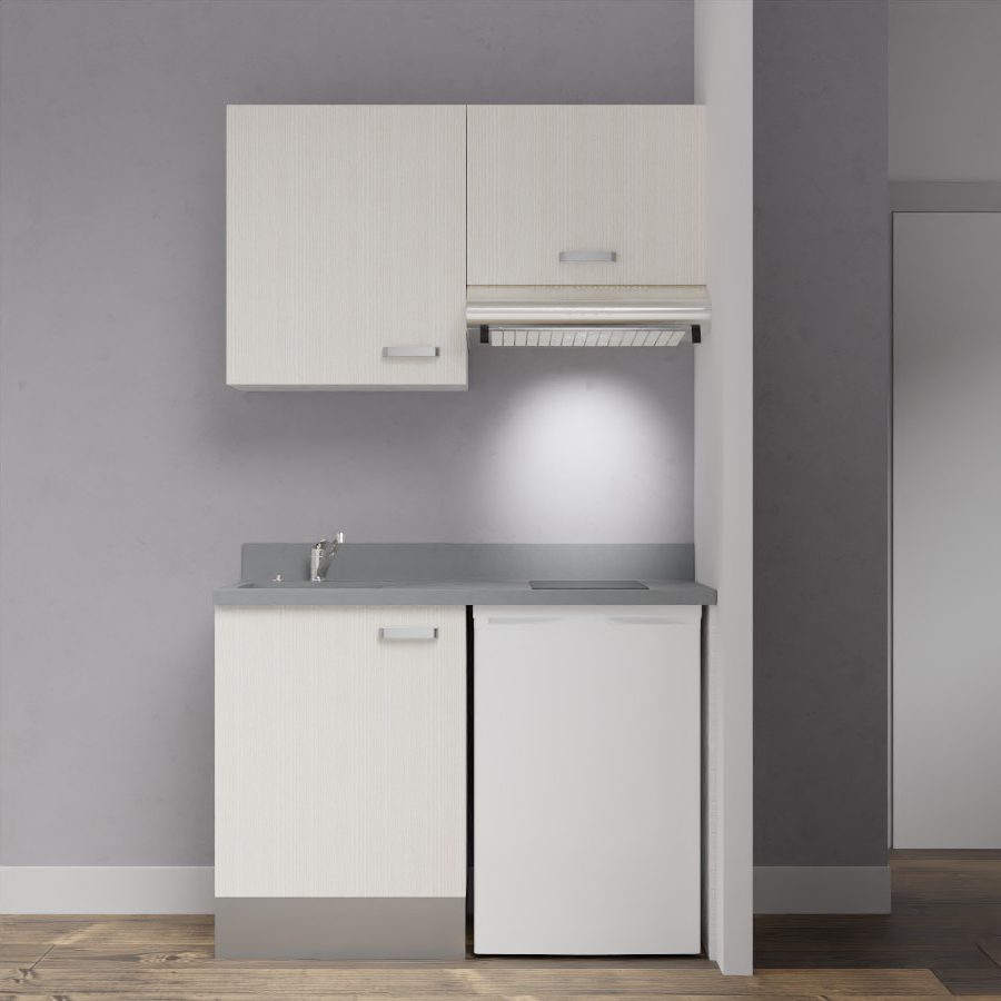 Visuel de la kitchenette modèle K01 120 cm linéaire meuble bas et haut coloris Pin blanc avec plan de travail monobloc en quartz gris évier à gauche