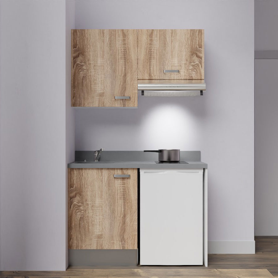 K01L : Kitchenette 120 cm Chêne, plan de travail monobloc évier à gauche Cromo