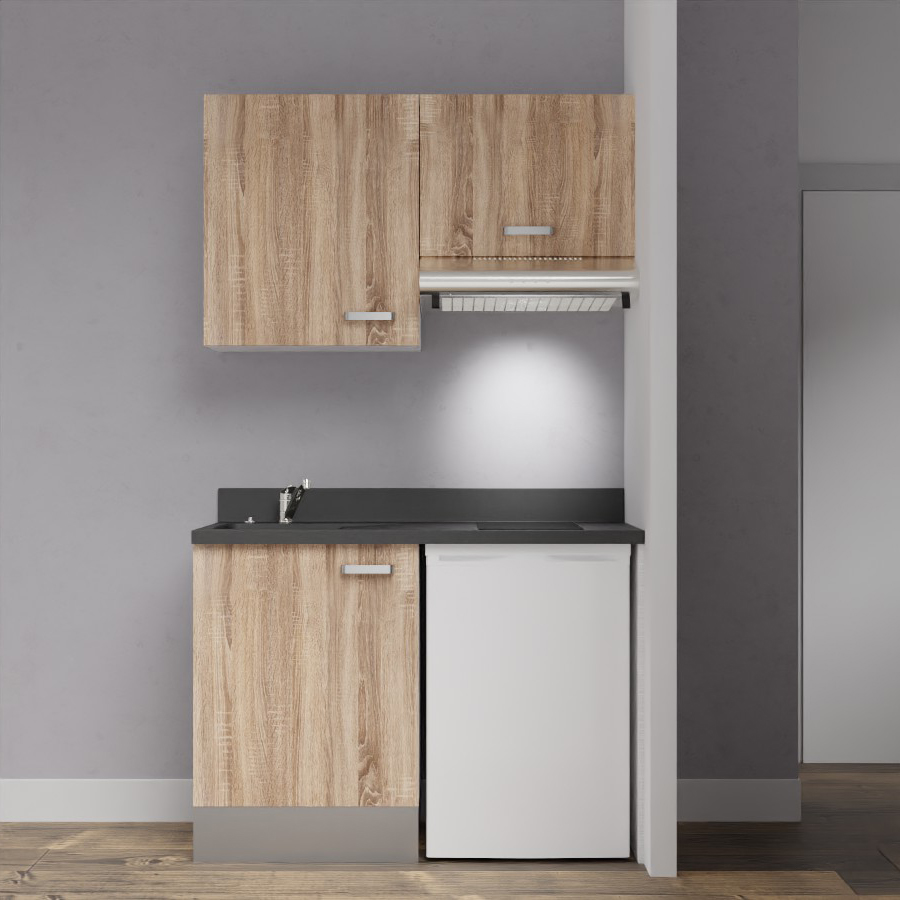 Visuel de la kitchenette modèle K01 120 cm linéaire meuble bas et haut coloris Bardolino aspect bois avec plan de travail monobloc en quartz noir évier à gauche