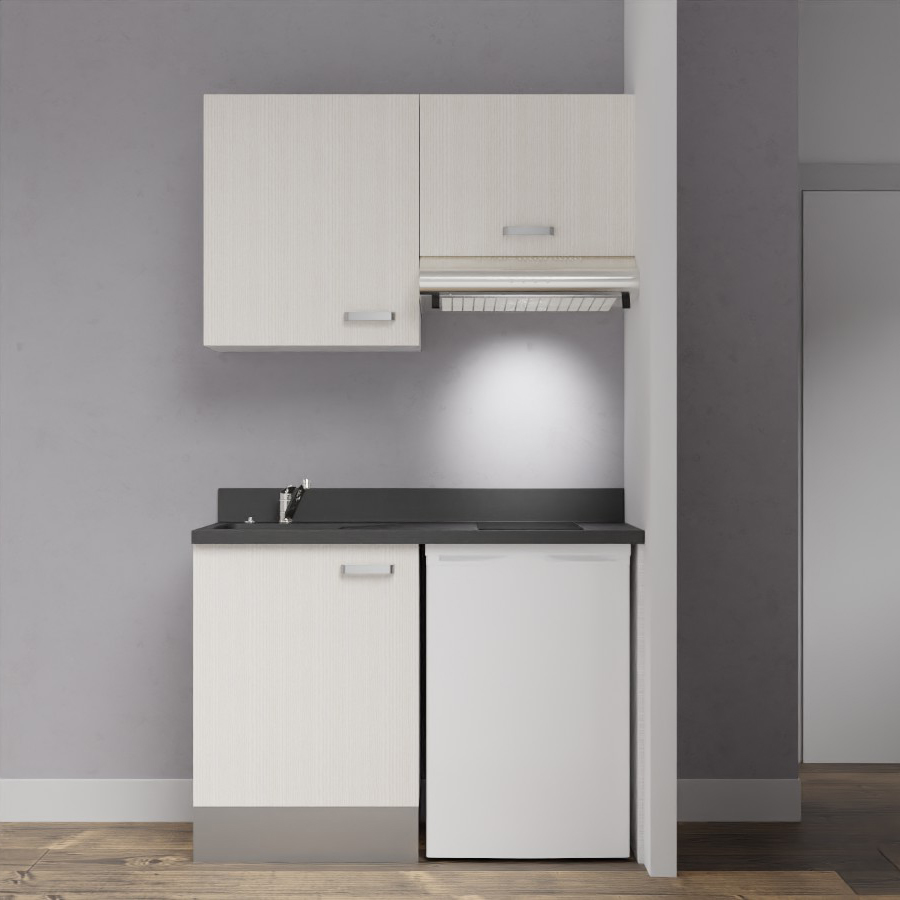 Visuel de la kitchenette modèle K01 120 cm linéaire meuble bas et haut coloris Pin blanc avec plan de travail monobloc en quartz noir évier à gauche