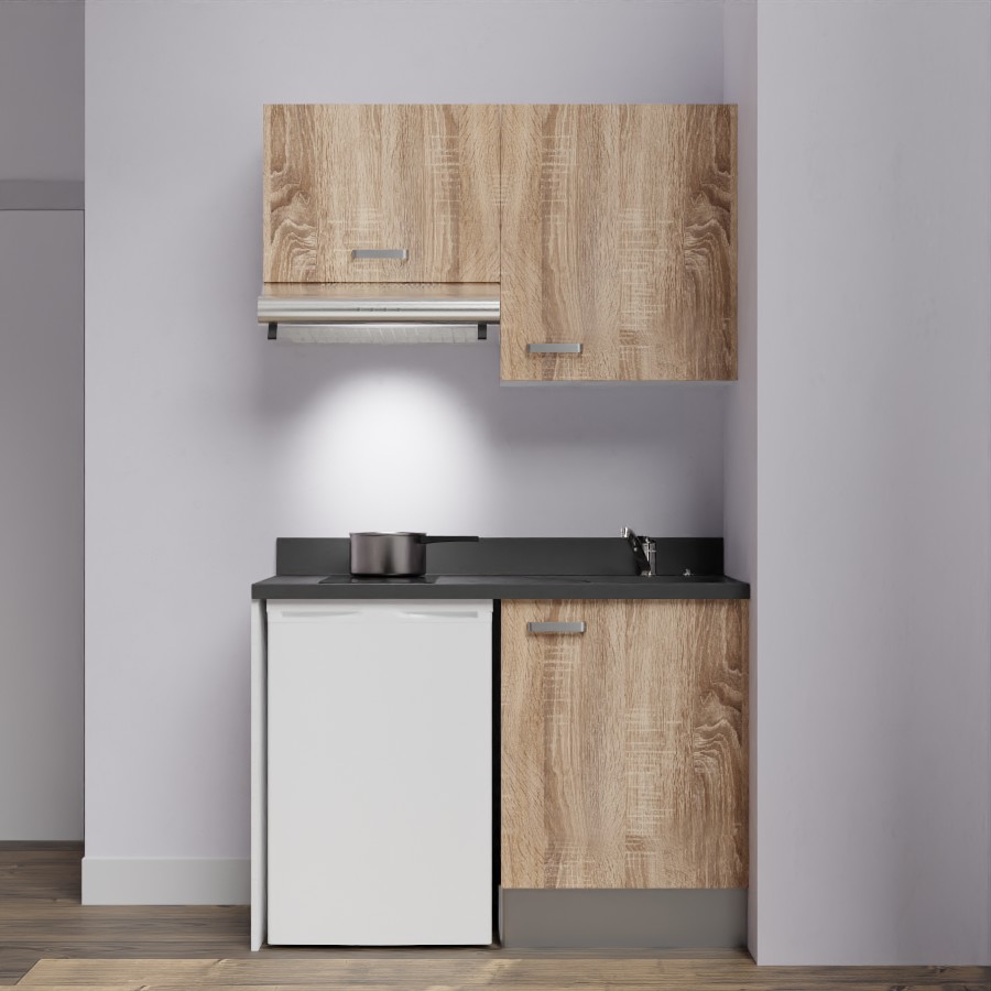 K01L : Kitchenette 120 cm Chêne, plan de travail monobloc évier à droite Nero