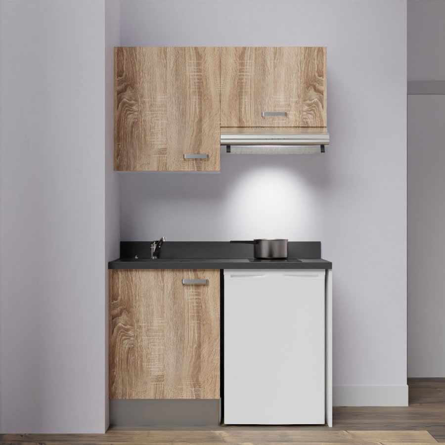 K01L : Kitchenette 120 cm Chêne, plan de travail monobloc évier à gauche Nero