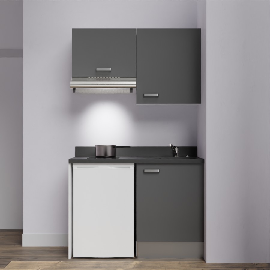 K01L : Kitchenette 120 cm Gris, plan de travail monobloc évier à droite Nero