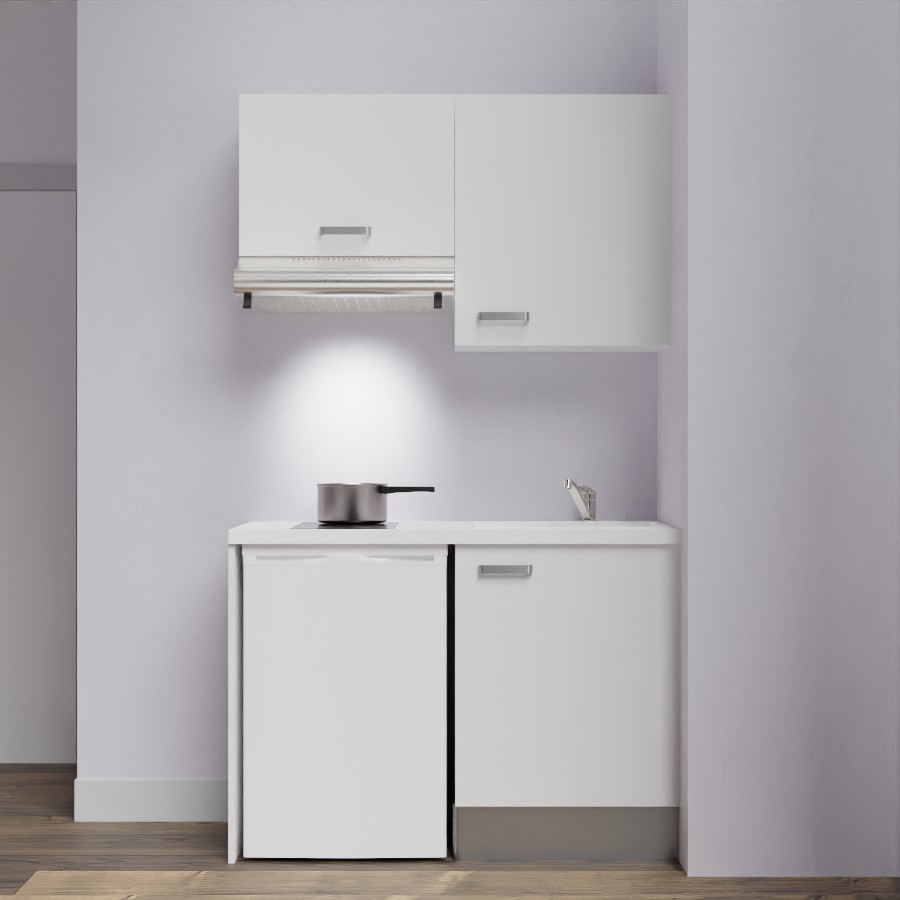 K01L-PT : Kitchenette 120 cm Blanc, plan de travail blanc, cuve blanche