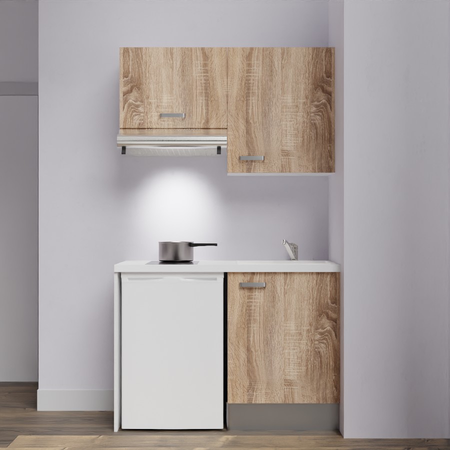 K01L-PT : Kitchenette 120 cm Chêne, plan de travail blanc, cuve blanche