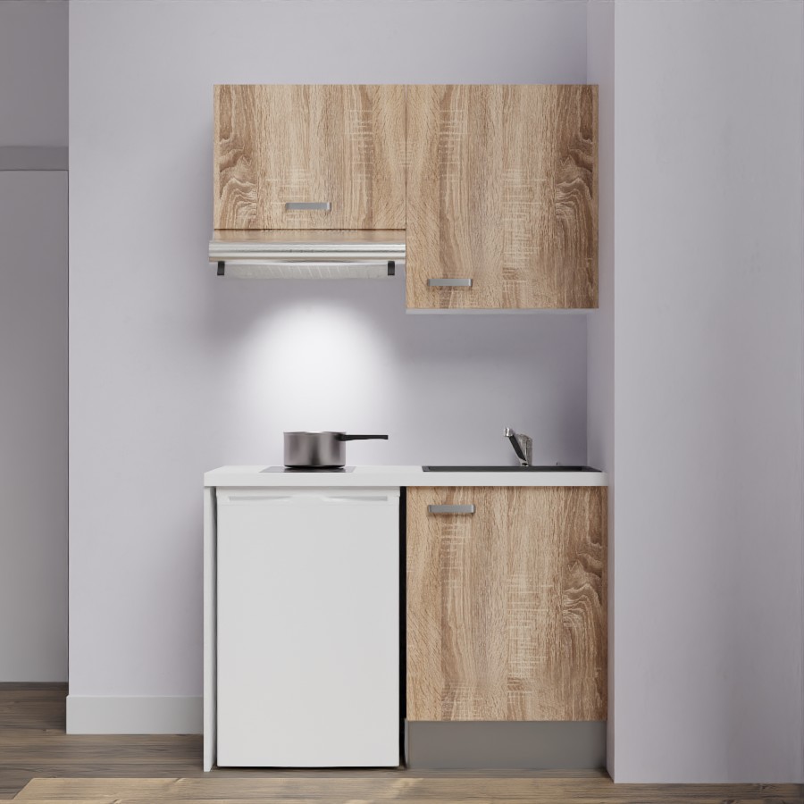 K01L-PT : Kitchenette 120 cm Chêne, plan de travail blanc, cuve noire