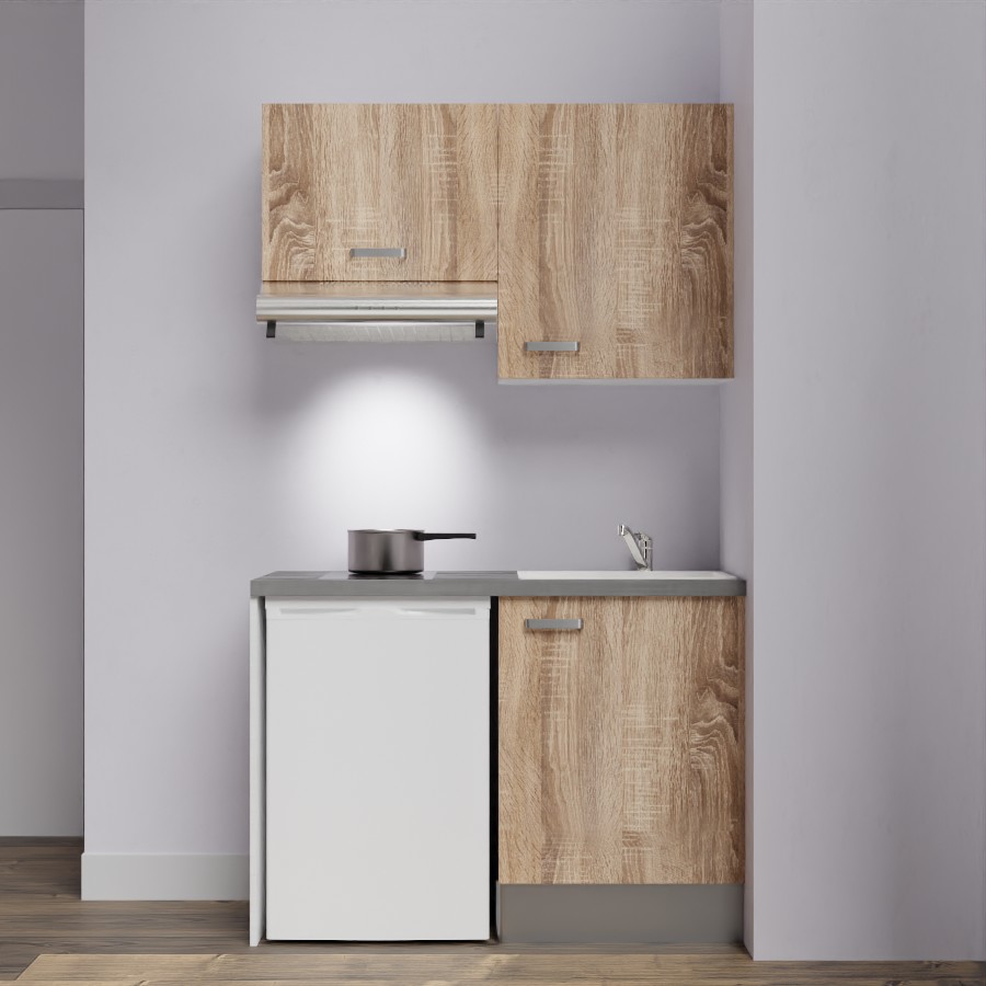 K01L-PT : Kitchenette 120 cm Chêne, plan de travail gris, cuve blanche