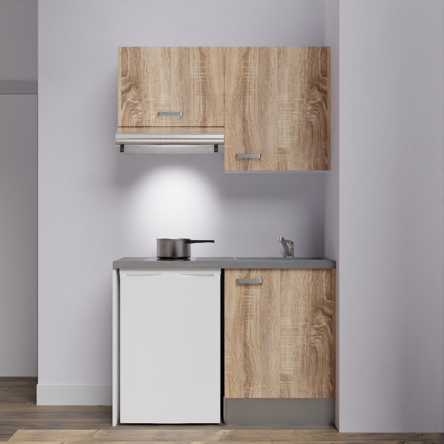 K01L-PT : Kitchenette 120 cm Chêne, plan de travail gris, cuve grise