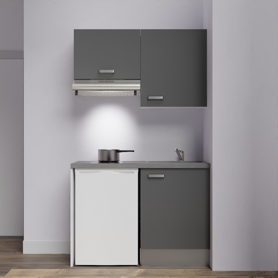 K01L-PT : Kitchenette 120 cm Gris, plan de travail gris, cuve noire